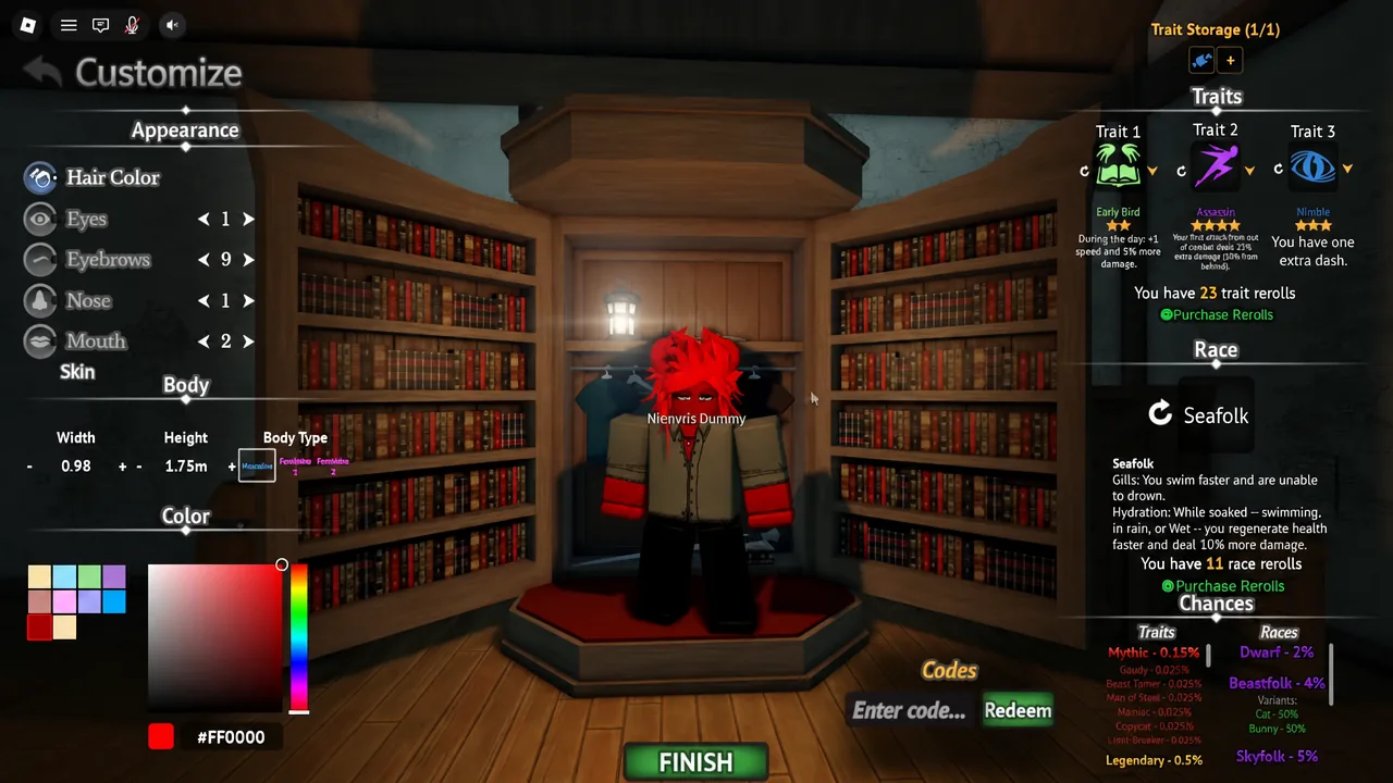 Grand Blue Roblox Customize Character menu with the code-entry area