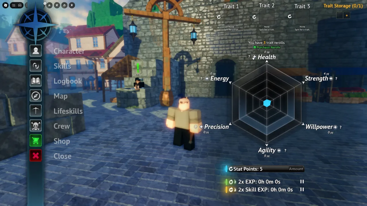 Grand Blue Roblox character customization screen with Race and Trait rerolls